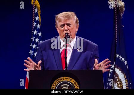 Washington, DC, USA. Juli 2026. US-Präsident Donald Trump spricht während der Feier „Salute to America 250“ in der National Mall in Washington, DC, USA, am 4. Juli 2026. Das Feuerwerk, das der presidents-Rede folgte, ist angeblich das größte in der Geschichte, mit 850.000 Granaten, die in 40 Minuten gestartet wurden. Quelle: Jim LoScalzo/Pool über CNP/dpa/Alamy Live News Stockfoto