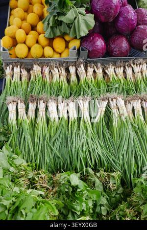 An einem Marktstand werden grüne Zwiebeln, Salat, Zitronen und Kohl ausgestellt Stockfoto