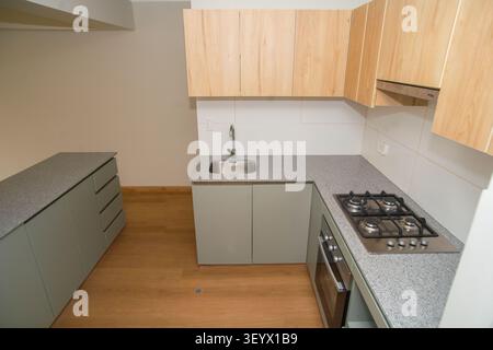 Moderne kleine Küche mit Inselarbeitsplatte, Holzschränken und offenen Regalen in einer neuen Wohnung Stockfoto