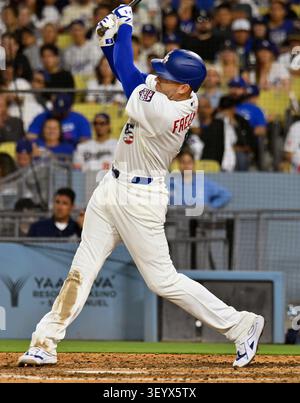 Los Angeles, United States. 04th July, 2026. Los Angeles Dodgers first baseman Freddie Freeman hits a solo home run in the sixth inning against the San Diego Padres at Dodger Stadium in Los Angeles on Saturday, July 4, 2026. Photo by Jim Ruymen/UPI Credit: UPI/Alamy Live News Stockfoto
