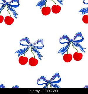 Minimalistisches patriotisches nahtloses Muster mit roten süßen Kirschen und blauen Sternenbändern auf weißem Hintergrund. Unabhängigkeitstag, 4. Juli, Textildesign. Stockfoto