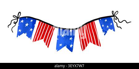 Amerikanische patriotische Fahnen Girlande Illustration isoliert für die Dekoration des USA Independence Day Festivals und Memorial Day Party Banner Stockfoto