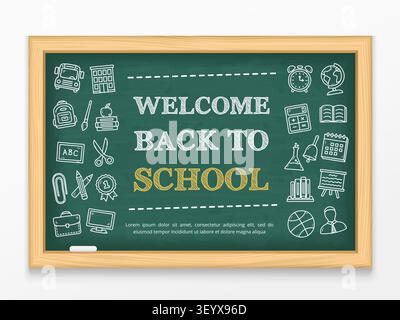 Willkommen zurück in der Schule Text und handgezeichnete Symbole auf Tafel, Vektor eps10 Illustration Stock Vektor