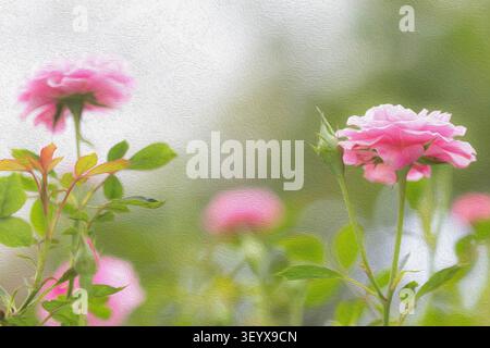 Abstraktes rosafarbenes Rosengarten-Ölgemälde - sanfte, traumhafte botanische Kunst mit zarter malerischer Textur und romantischem Blumenanhänger für die Einrichtung Stockfoto