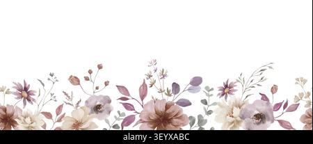 Aquarell Boho Herbst Blumen nahtlose Grenze mit staubigen Rosenblumen, getrocknete Gräser, rustikaler botanischer horizontaler Vektor-Rahmen für Hochzeit Schreibwaren Stock Vektor