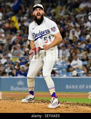 Los Angeles, United States. 04th July, 2026. Los Angeles Dodgers relief pitcher Alex Vesia reacts after recording the final out of the eighth inning against the San Diego Padres at Dodger Stadium in Los Angeles on Saturday, July 4, 2026. Photo by Jim Ruymen/UPI Credit: UPI/Alamy Live News Stockfoto