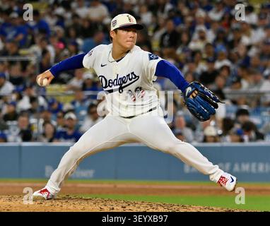 Los Angeles, United States. 04th July, 2026. Los Angeles Dodgers starting pitcher Yoshinobu Yamamoto winds up to deliver in the sixth inning against the San Diego Padres at Dodger Stadium in Los Angeles on Saturday, July 4, 2026. Photo by Jim Ruymen/UPI Credit: UPI/Alamy Live News Stockfoto
