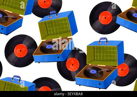 Abstrakte Tapete mit offenen blauen tragbaren Vintage-Plattenspielern und Vinylplatten mit roten Etiketten für Rockabilly-Partys oder Retro-Fans Stockfoto