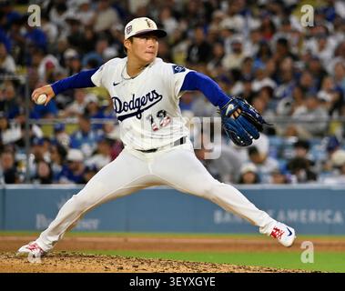 Los Angeles, United States. 04th July, 2026. Los Angeles Dodgers starting pitcher Yoshinobu Yamamoto winds up to deliver in the second inning against the San Diego Padres at Dodger Stadium in Los Angeles on Saturday, July 4, 2026. Photo by Jim Ruymen/UPI Credit: UPI/Alamy Live News Stockfoto