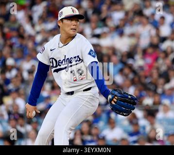 Los Angeles, United States. 04th July, 2026. Los Angeles Dodgers starting pitcher Yoshinobu Yamamoto winds up to deliver in the third inning against the San Diego Padres at Dodger Stadium in Los Angeles on Saturday, July 4, 2026. Photo by Jim Ruymen/UPI Credit: UPI/Alamy Live News Stockfoto