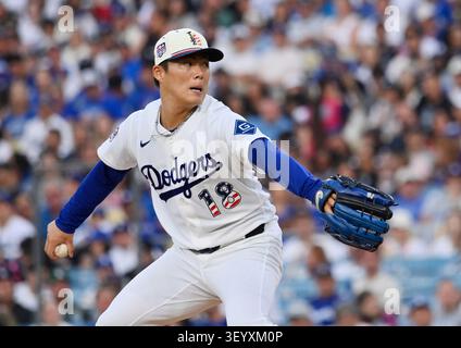 Los Angeles, United States. 04th July, 2026. Los Angeles Dodgers starting pitcher Yoshinobu Yamamoto winds up to deliver in the third inning against the San Diego Padres at Dodger Stadium in Los Angeles on Saturday, July 4, 2026. Photo by Jim Ruymen/UPI Credit: UPI/Alamy Live News Stockfoto