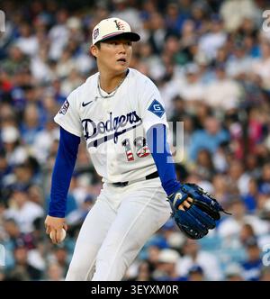 Los Angeles, United States. 04th July, 2026. Los Angeles Dodgers starting pitcher Yoshinobu Yamamoto winds up to deliver in the third inning against the San Diego Padres at Dodger Stadium in Los Angeles on Saturday, July 4, 2026. Photo by Jim Ruymen/UPI Credit: UPI/Alamy Live News Stockfoto