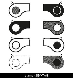 Schiedsrichtersport-Pfeife mit schwarzem Vektor-Set. Dieser einfache akustische Alarm optimiert moderne Grafikdesign-Layouts. eps 10 Stock Vektor