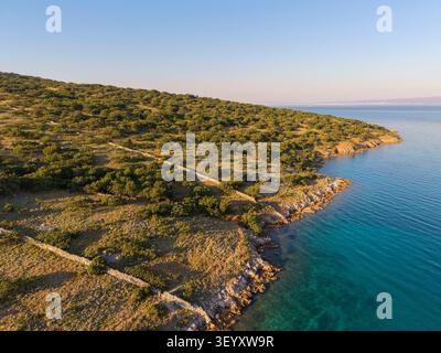 Von oben aus der Vogelperspektive auf die felsige Adriaküste und den Wald auf der Insel Krk, Kroatien Stockfoto