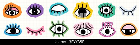 Bunte Vektor Hand gezeichnet Doodle Eye Set, Groovy psychedelische Augen mit Wimpern, zwinkernd, offen und geschlossen, niedliche lustige Aufkleber Stock Vektor