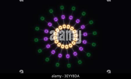 Eine kreisförmige Anordnung heller Lichter in verschiedenen Farben auf dunklem Hintergrund. Die Lichter erzeugen ein lebendiges und auffälliges Design, das Anziehungspunkt ist Stockfoto