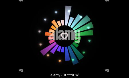 Dieses Design verfügt über eine leuchtende kreisförmige Anordnung von Verlaufsformen in verschiedenen Farben. Im zentralen Bereich befindet sich ein Herzsymbol, wodurch ein einzigartiges Symbol entsteht Stockfoto