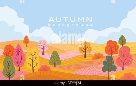 Herbstliche ländliche Landschaft mit Hügeln, Bäumen und landwirtschaftlichen Feldern. Schöner Panoramablick auf den Herbst, minimales Design mit Himmel, Wolken, Hügeln, Feldern, Wäldern, Naturlandschaft. Landwirtschaft und Landwirtschaft Konzept.Vektor Stock Vektor