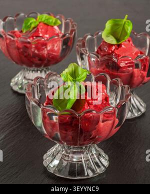 Hausgemachtes Himbeersorbet in Dessertschalen aus Glas Stockfoto