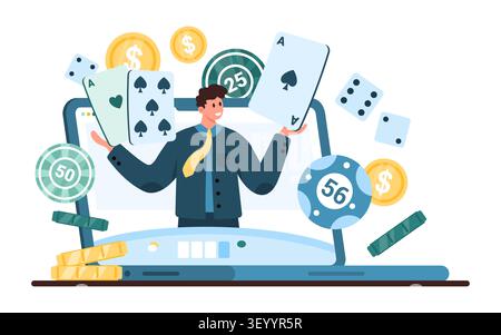 Mann spielt digitale Casinospiele auf dem Laptop mit Pokerkarten, Würfeln, Chips und Münzen, Online-Glücksspielkonzept isoliert auf weißem Hintergrund Vektorillustration Stock Vektor