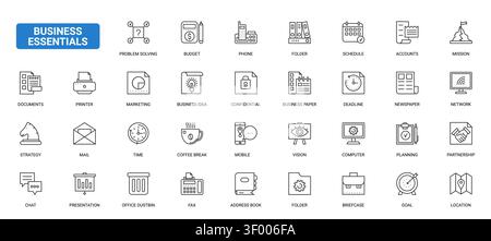 Business Essentials für Büroabläufe, Kommunikation, Planung, Finanzen und Strategie im täglichen Geschäftsbetrieb bilden schwarze Symbole die Vektorillustration Stock Vektor