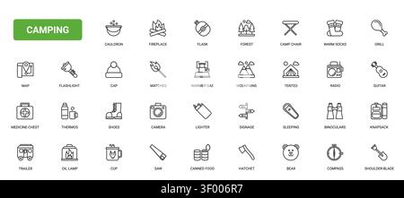 Camping- und Outdoor-Abenteuer-Ausrüstungssymbole mit Unterschlupf, Navigation, Kochen, Wandern und Überlebensbedarf für Reise- und Wildnisthemen Schwarze Linien-Symbole setzen Vektorillustration Stock Vektor