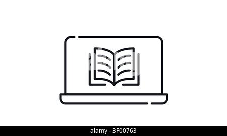 Laptop mit E-Book-Symbol: Tragbarer Notebook-Computer mit offenem digitalem Buch-Symbol auf dem Bildschirm, minimalistische schwarze Linie Kunst-Vektor-Illustration für o Stock Vektor