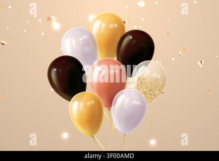 Ein Haufen goldener und schwarzer Ballons und Streamer, die auf dem Hintergrund schweben. Vektor-realistische Illustration von Feiertags-Luftkugeln und funkelndem Konfetti für Jubiläumsfeier, festliche Party-Einladung Stock Vektor