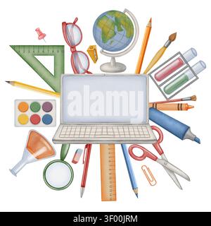 Aquarell Online-Bildungs-Banner mit Laptop- und Schulutensilien isoliert auf weißem Hintergrund. Perfekt für pädagogische Banner, Herbstplakate, Rückseite Stockfoto