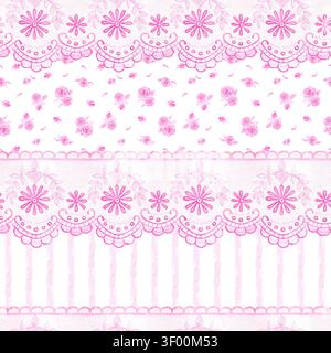 Nahtloses Aquarellmuster in Coquette-Ästhetik mit zarten rosa Rosen, komplizierten Spitzenrändern und weichen Streifen. Romantisches handgezeichnetes Design Stockfoto