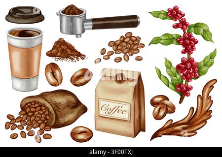 Aquarellillustrationsset mit Kaffeeelementen – Bohnen, gemahlener Kaffee, Portafilter, Kaffeezweig und Papiertüte. Papierbecher Kaffee zum Mitnehmen. Illustr Stockfoto