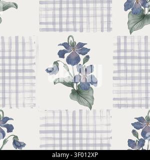 Blaues Viola-nahtloses Muster mit Aquarell-Plaid-Textur-Hintergrund Stockfoto