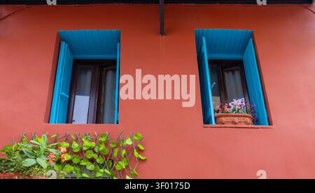 Zwei traditionelle Fenster mit leuchtend blauen Fensterläden sitzen in einer terrakottafroten Mauer in der Altstadt von Chania, Kreta, eingerahmt von einem Blumenkasten und Klettergrün Stockfoto