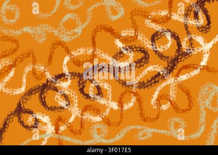 Abstrakte digitale Illustration von sich schlaufenden kettenartigen Ringen und geflochtenen Strichen in weiß und Dunkelbraun, schwebend über einem warmen orangen Hintergrund, Creat Stockfoto