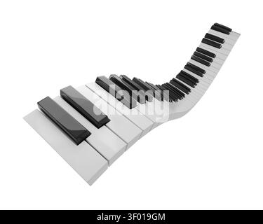 Wellenförmige Klaviertastatur isoliert auf weißem Hintergrund. 3D-Abbildung. Stockfoto