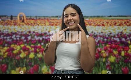Die junge hispanische Frau zeigt in einem farbenfrohen Tulip Field Studio mit den Zeigefingern auf ihre lächelnden Wangen, weißes Tanktop und Jeans aus Denim sichtbar – Freude. Stockfoto