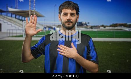 Mann im blauen Fußballtrikot hebt die rechte Hand nach außen und legt die linke Hand auf die Brust in einem Gebäude in der Nähe eines Fußballplatzes und der Zuschauerstände; Stolz. Stockfoto