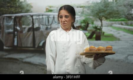 Die Chefkochin hält auf der Straße in der Nähe von Parkwagen und Bäumen ein hölzernes Tablett mit Muffins und grimmigem Gesicht. Stockfoto