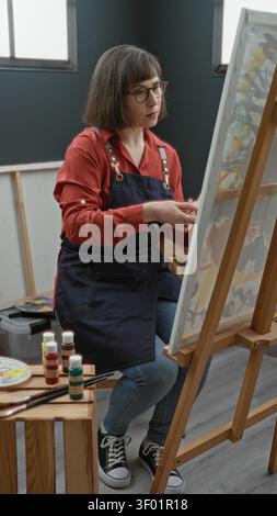 Frau malt im Atelier mit Pinsel auf Leinwand, während sie an der Staffelei sitzt, Schürze trägt und Pinsel hält; Konzentration Kreativität. Stockfoto
