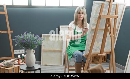 Malerin hält Pinselmalerei auf Leinwand im Atelier mit Staffelei und Schürze, sitzt auf einem Stuhl in der Nähe des Fensters; fokussierte Kreativität. Stockfoto