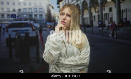 Frau mit Hand am Kinn, gestreiftes Hemd auf der Straße, Arme überkreuzt und runzelnd in nachdenklicher Pose; Besinnung. Stockfoto