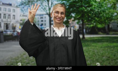 Die Richterin erhebt die rechte Hand mit einer Palme, die vor den Gebäuden der Stadt auf der Straße sichtbar ist, trägt einen schwarzen Justizmantel und eine Brille, während sie leicht lächelt; Autho Stockfoto
