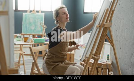 Frau malte auf einer Leinwand an einer Staffelei, die eine Palette und einen Pinsel in einem Kunststudio hält; ruhiger Kreativitätsfokus. Stockfoto
