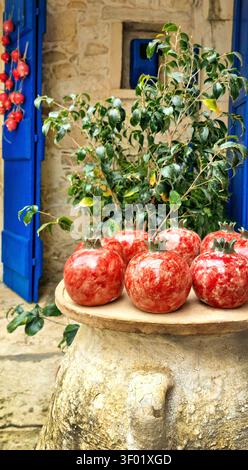 Griechenland Kreta Margarites Vertikales 4K Foto von roten Keramik Granatäpfeln Nahaufnahme mit altem blauen Holztürhintergrund traditionelles Kunsthandwerk Erbe Stockfoto