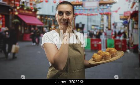 Bäckerin hält ein hölzernes Tablett mit Muffins, flüstert von Hand in Mund, während sie auf einem geschäftigen Straßenmarkt Proben anbietet; warme Gemeinschaft teilen. Stockfoto