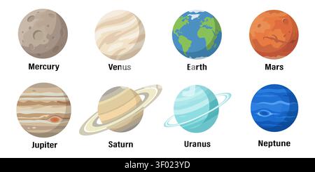 Satz von bunten flachen Vektorillustrationen der acht Planeten des Sonnensystems, isoliert auf weißem Hintergrund. Umfasst Quecksilber, Venus, Erde, Mars Stock Vektor