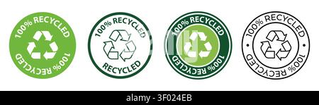 Set aus 100 kreisförmigen Recycling-Emblemen mit dem universellen Recycling-Symbol. Enthält verschiedene grüne und schwarzweiße Umrisse, perfekt für den Einsatz Stock Vektor