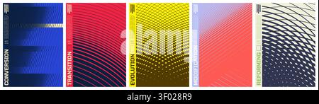 Poster mit abstraktem geometrischem Vektor mit Rasterraster und optischen Illusionsmustern, Formverzerrung und linearen Verläufen mit Übergangseffekt, d Stock Vektor