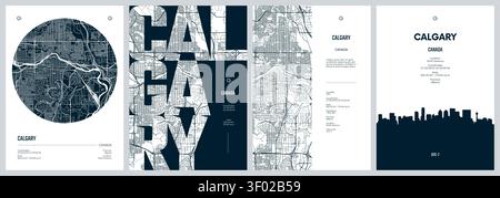 Set von Reiseplakaten mit Straßenplan Calgary ist die größte Stadt in der kanadischen Provinz Alberta, Silhouette City Skyline, Vektorgrafik Stock Vektor