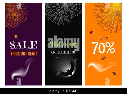 Vektor-Illustration Satz von drei Halloween Verkauf vertikale Banner. Halloween Sale Poster mit Rabatt, gruseliger Hintergrund mit Fledermaus und Spinnennetz Stock Vektor